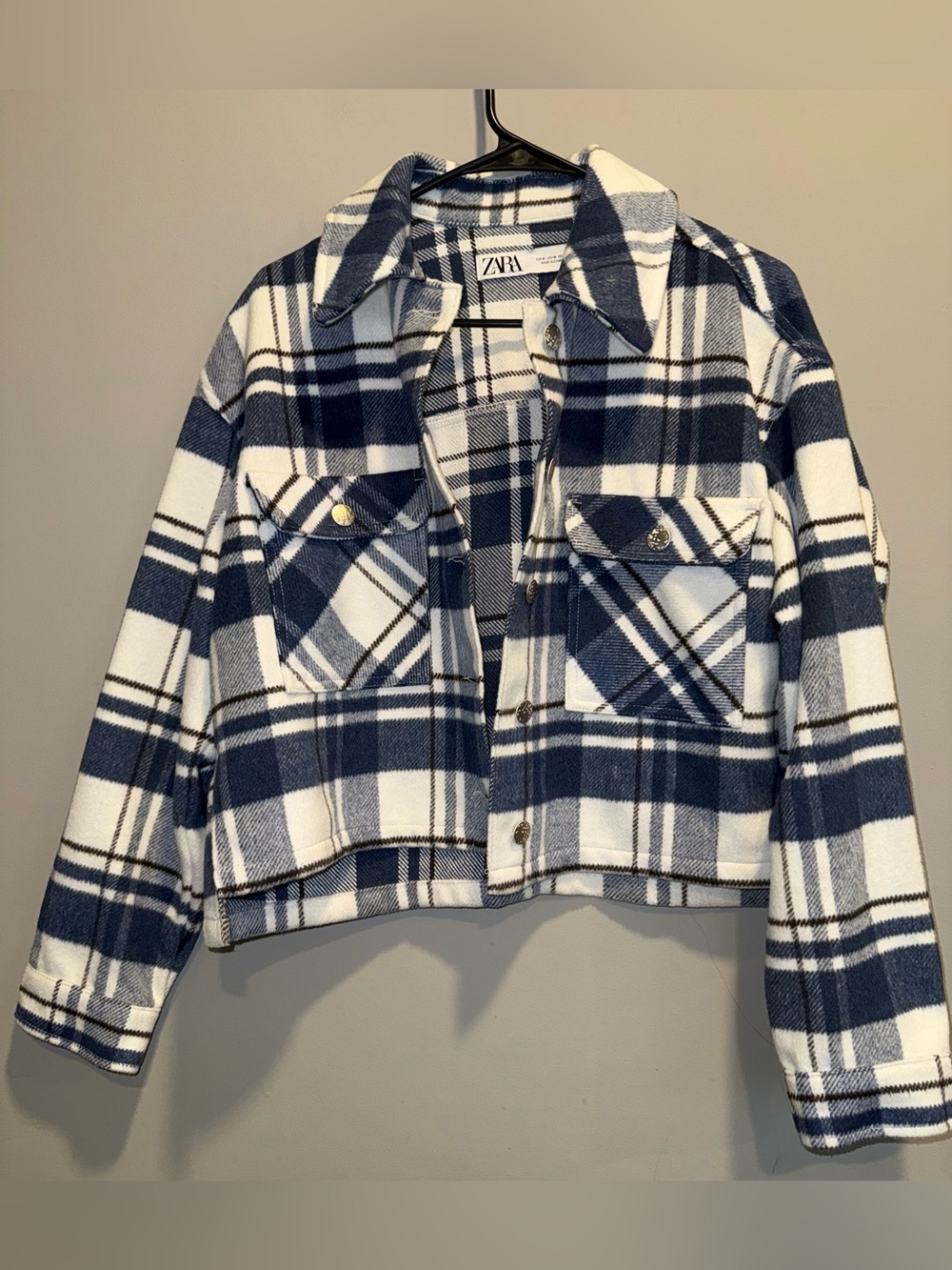 Zara Blue & White Plaid Shacket Jacket